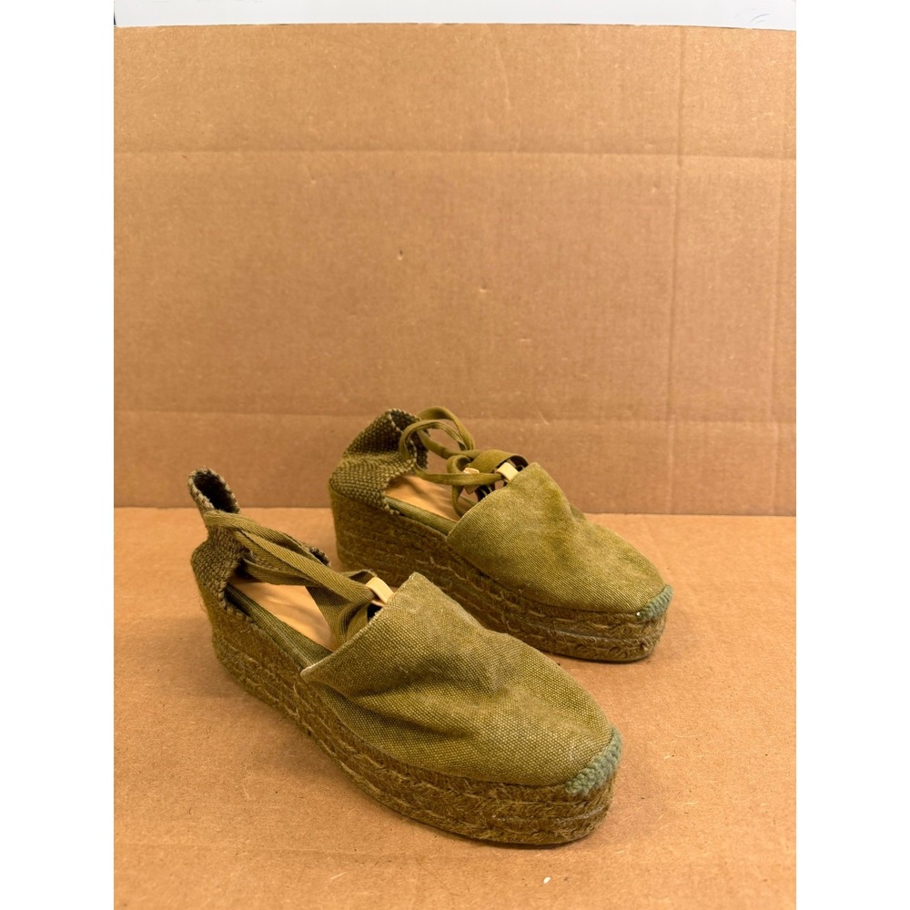 Castañer Canvas Wege Platform Espadrilles Sandals Olive Green Womens Size 37 EU